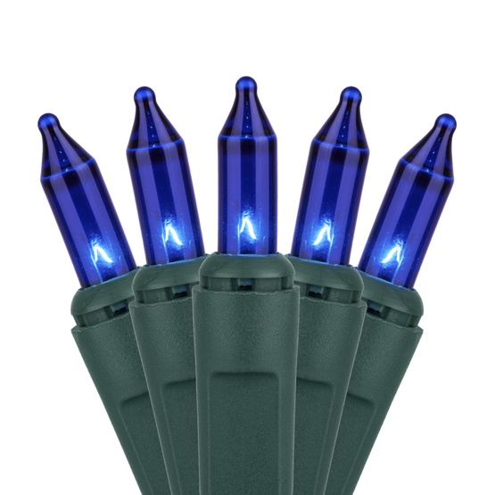 100 Blue Christmas Tree Mini Lights, 2.5" Spacing, Green Wire