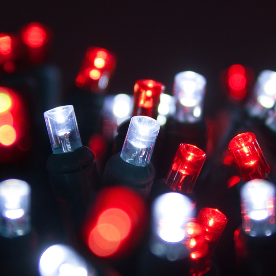 70 5mm Red, Cool White LED Christmas Lights, 4" Spacing