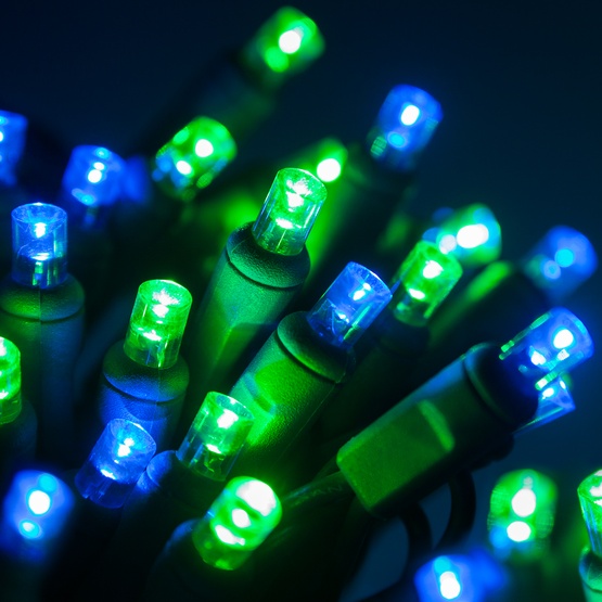 70 5mm Blue, Green LED Christmas Lights, 4" Spacing