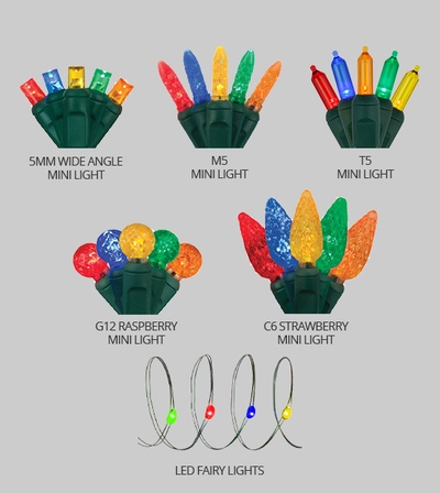 Multicolor LED mini lights in six styles: 5MM wide angle, M5, T5, G12 raspberry, C6 strawberry, and fairy lights