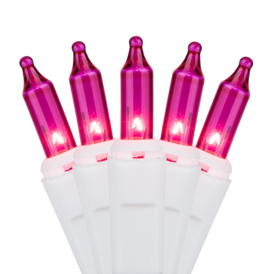 100 Pink Christmas Tree Mini Lights, 2.5" Spacing, White Wire