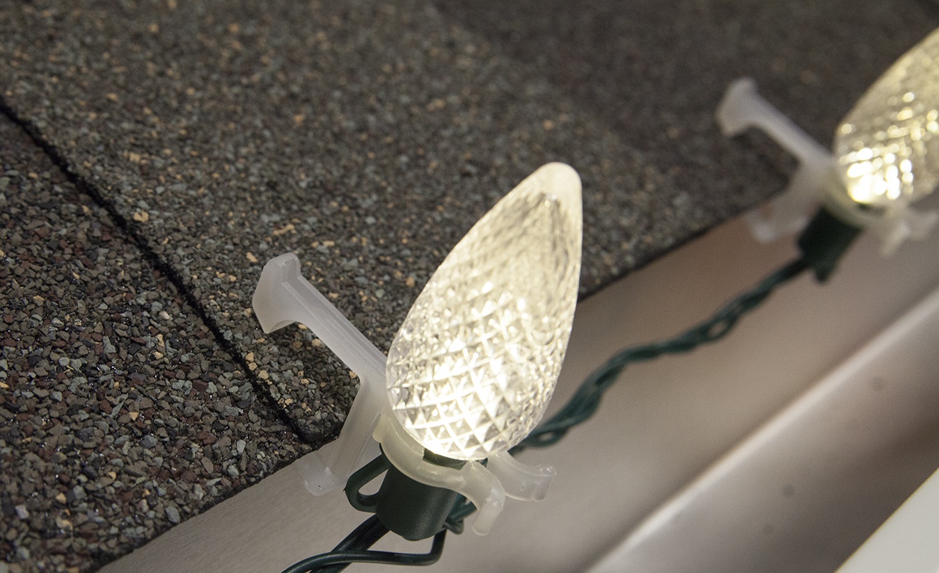 C9 led light strings hanging on shingles with all in one light clips