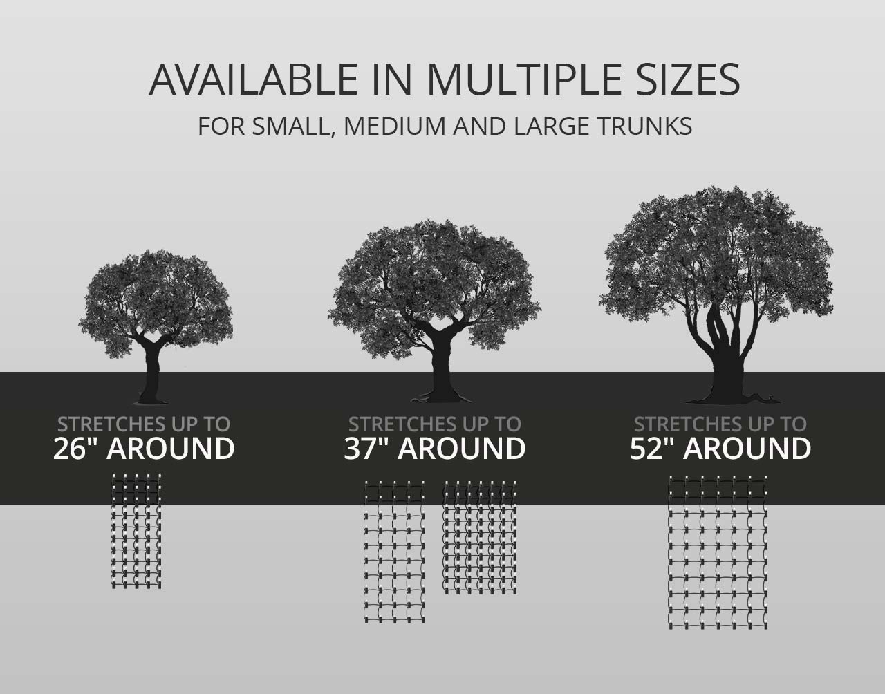 StretchNet Pro sizing guide showing small, medium, and large tree trunk wrap options for trunks up to 26, 37, and 52 inches in circumference