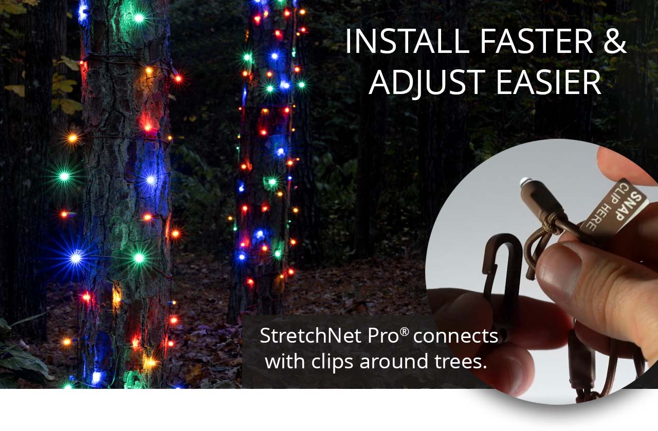 Multicolor LED StretchNet Pro Christmas tree wrap lights on outdoor trunks at night, with inset closeup of the snap clip fastener