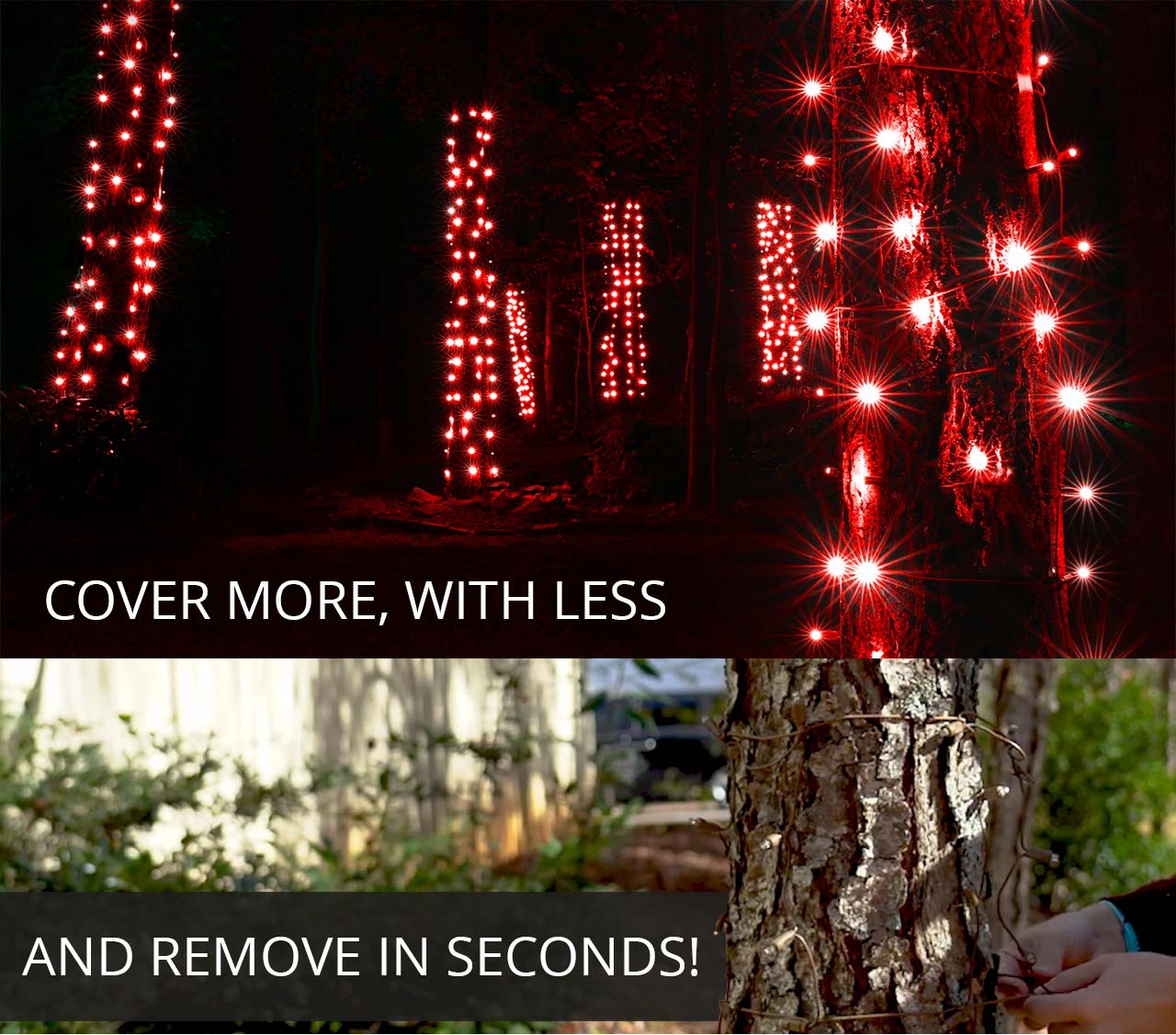 Red LED StretchNet Pro Christmas tree wrap lights covering multiple outdoor trunks at night, with a person unclipping the net in seconds