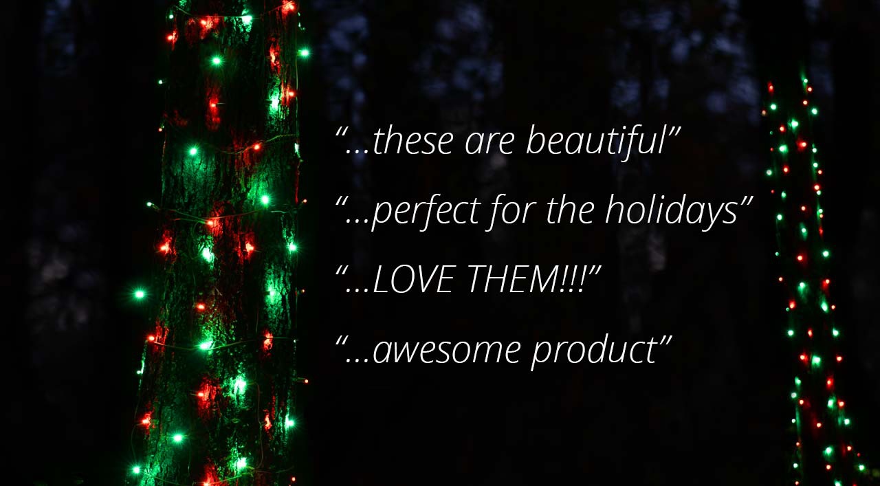 Red and green StretchNet Pro Christmas tree wrap lights glowing on outdoor trunks at night, with customer review quotes