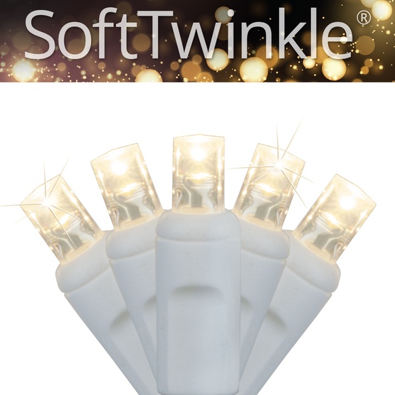 50 5mm Warm White SoftTwinkle LED Christmas Lights, 4" Spacing, White Wire
