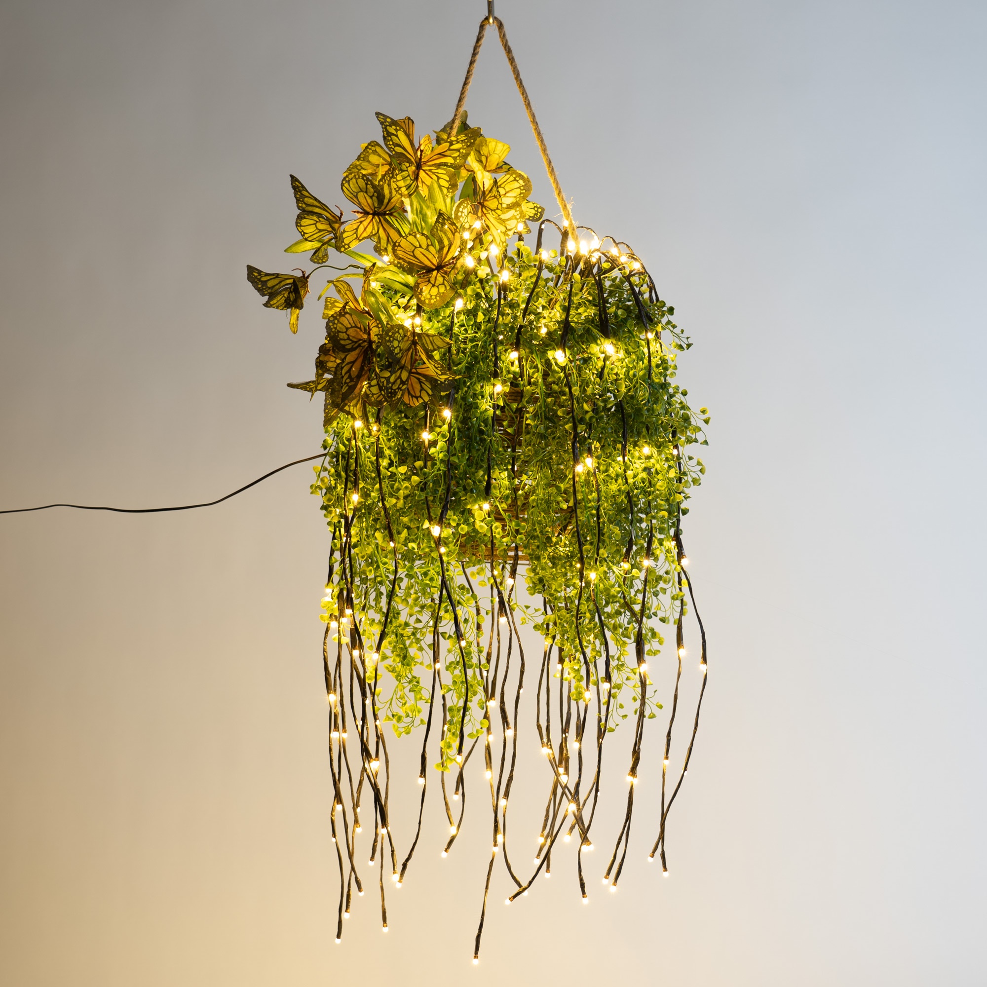 Hanging Basket Lighted Branches with Greenery